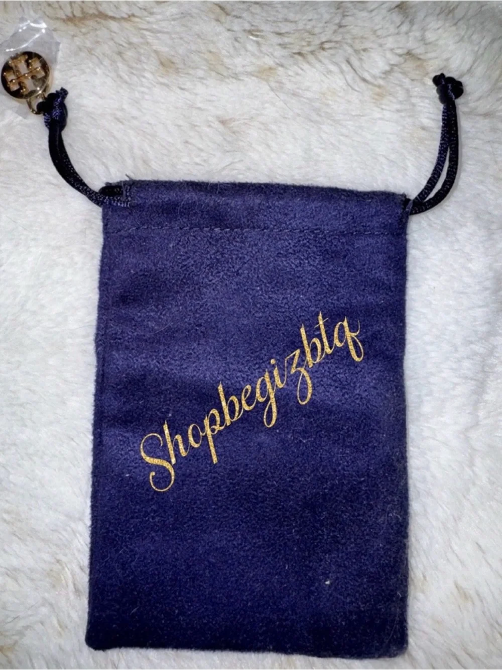 🆕Authentic Tory Burch Navy Jewelry Drawstring Pouch Bag &.Gold Tory Logo Charm W